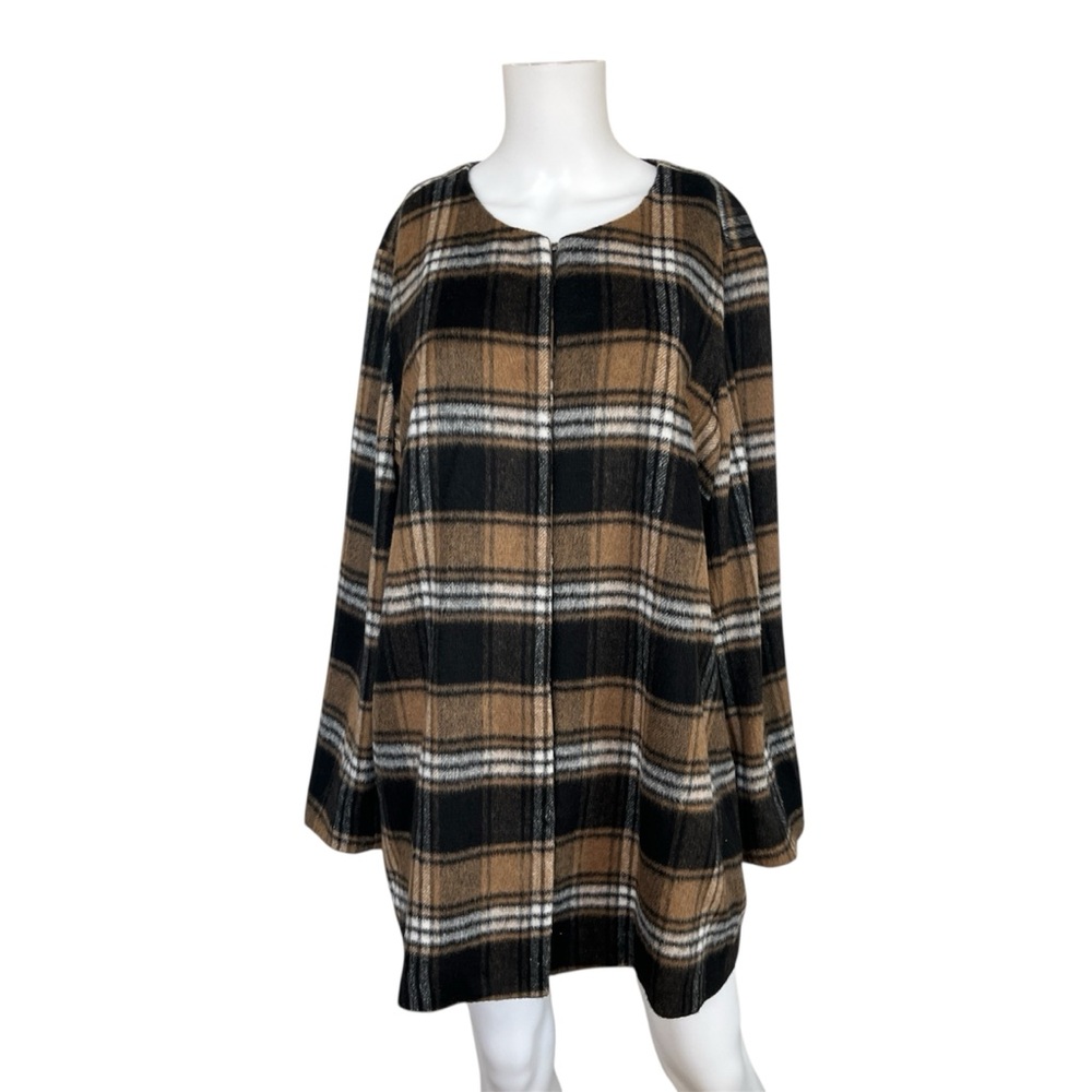 Elle Plaid Coat Black Tan Fuzzy Neutral Classic Womens Size XXL